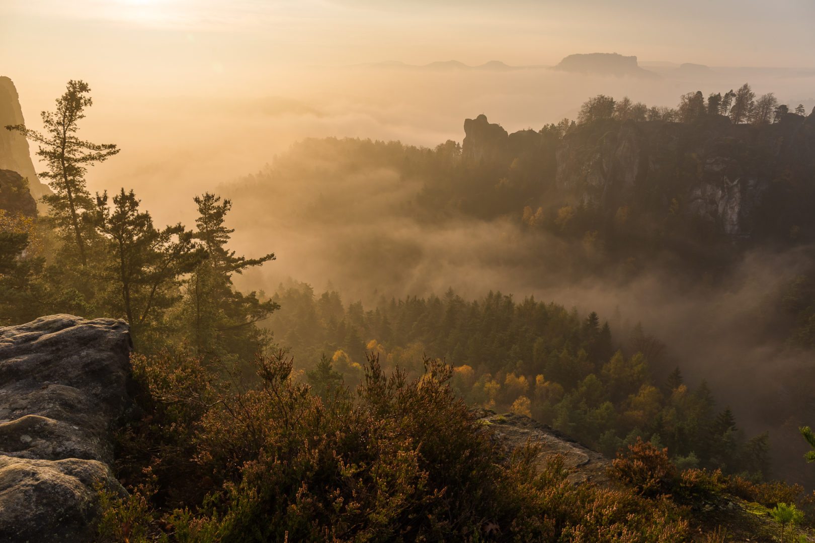 Sunrise in autumn foggy valley near Bastei